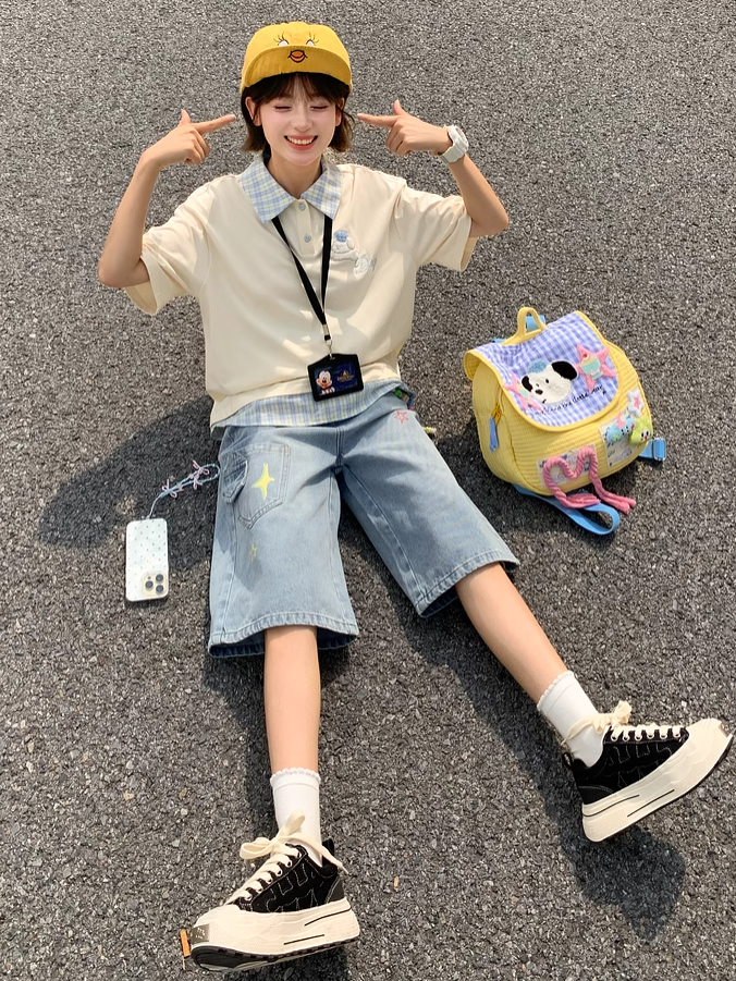 Colorful Star Print Blue Faded Wash Distressed Wide-leg Denim Shorts