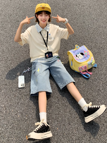 Colorful Star Print Blue Faded Wash Distressed Wide-leg Denim Shorts