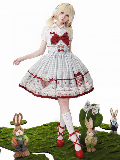 Red Cherry Print Blue Gingham Dress Sweet Lolita Jumper Skirt