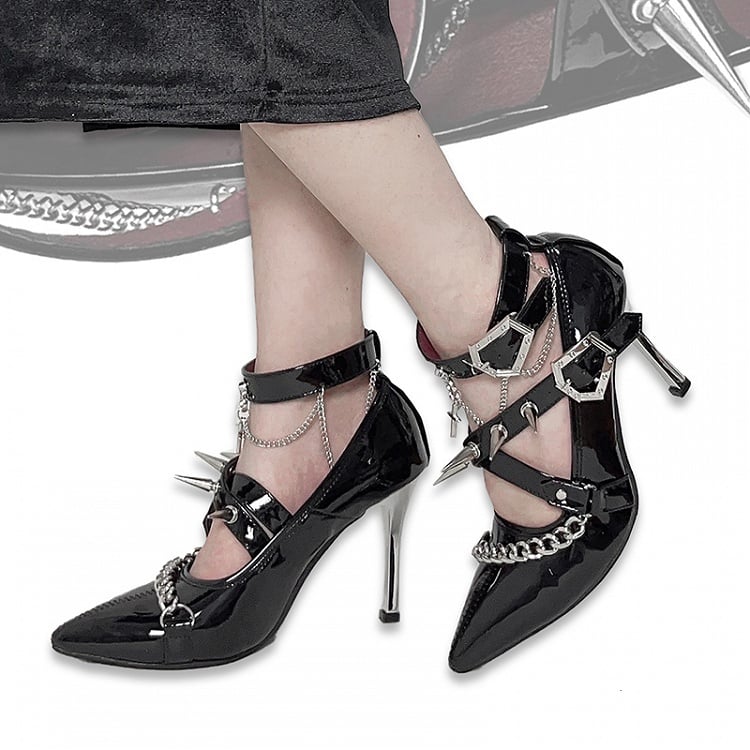 Spike Studs Coffin-shaped Buckles Polished Black Gothic Punk Stiletto Heels with Chains