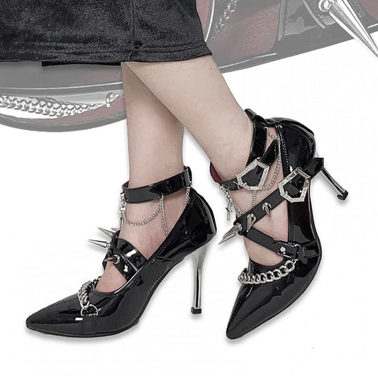 Spike Studs Coffin-shaped Buckles Polished Black Gothic Punk Stiletto Heels with Chains
