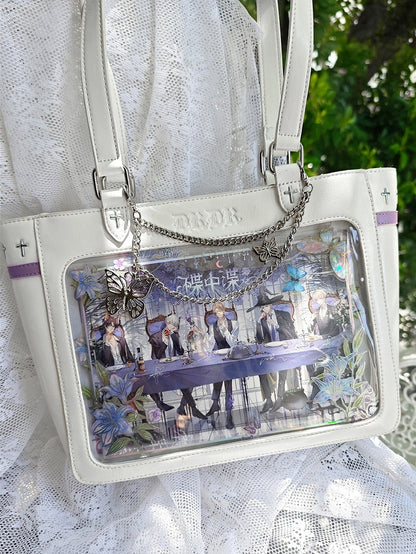 White Cross Detail Ita Shoulder Bag with Detachable Butterfly Charm Chain