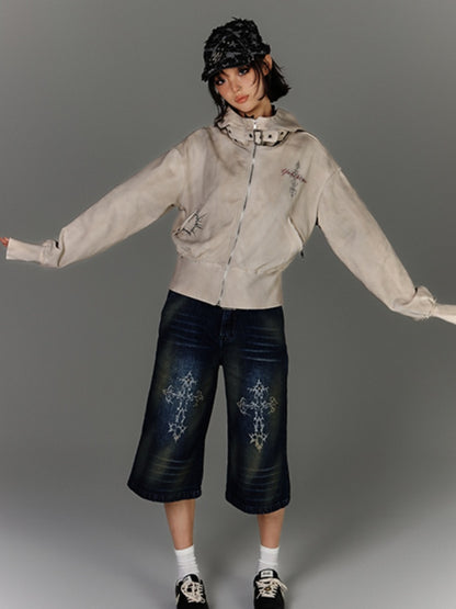 Wasteland Punk Apricot Buckle Strap Distressed Zip Closure Hoodie