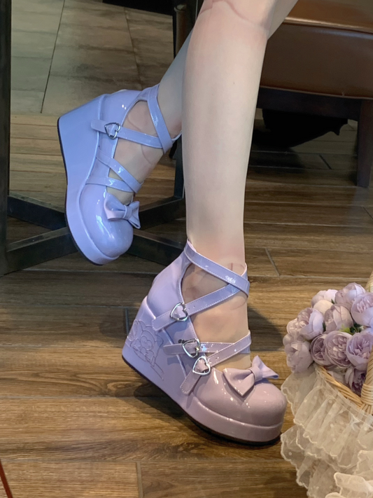 Purple Bow at Top Crisscross Sweetheart Buckle Straps Sweet Lolita Platforms