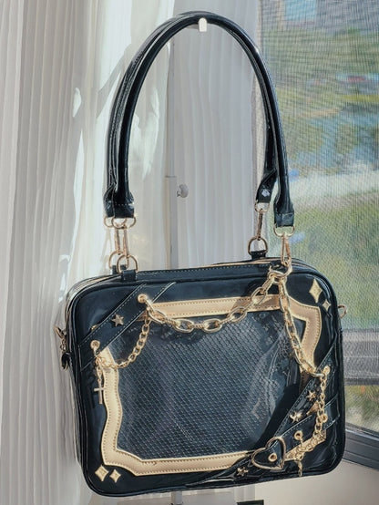 Black & Gold Crisscross Strap Ita Shoulder Bag with Cross Charm Chain