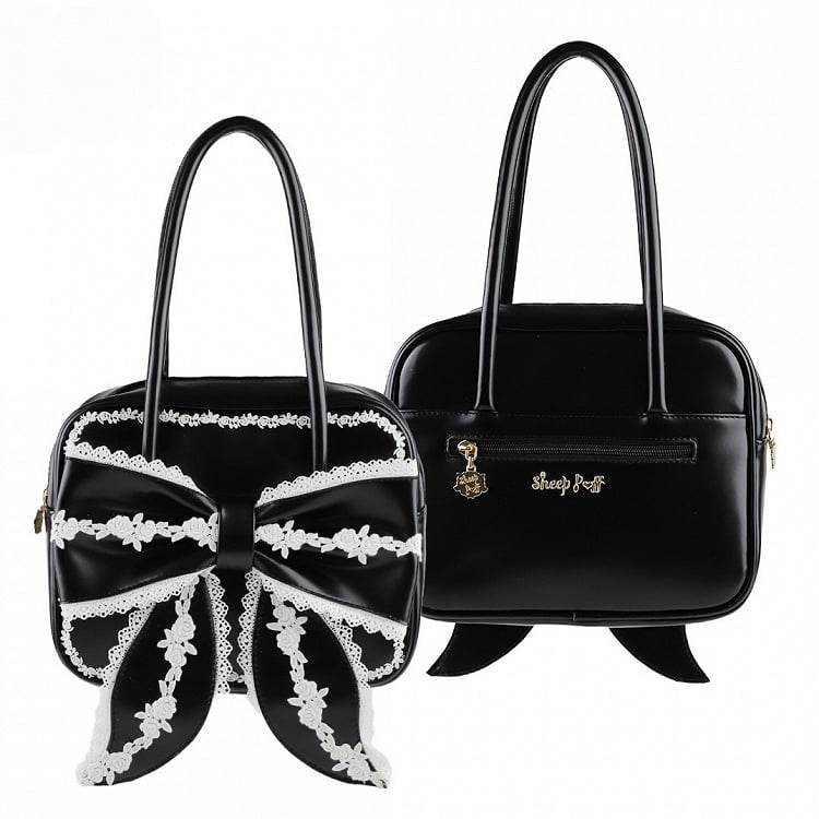 Black Lace Trim Bowknot Design Hand Bag