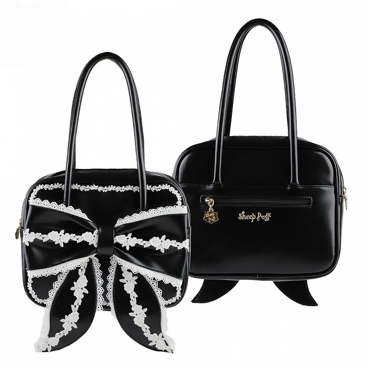Black Sweet Square Old School Lolita PU Bag with White Lace Trim and Big Front Bow