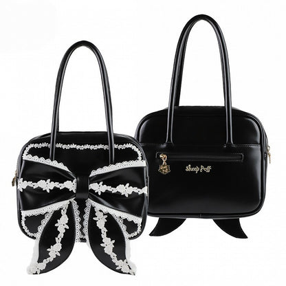 Black Sweet Square Old School Lolita PU Bag with White Lace Trim and Big Front Bow