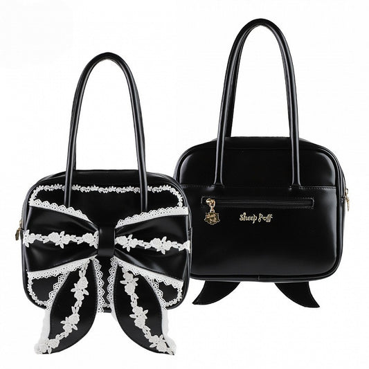 Black Sweet Square Old School Lolita PU Bag with White Lace Trim and Big Front Bow