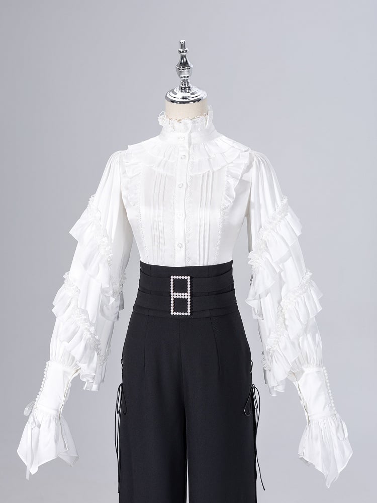 Ruffled High Neck Black Bead Chain and Cascading Ruffles Long Sleeves Siren Shirt