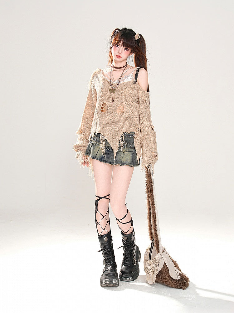 Khaki Asymmetrical Neckline and Hem Distressed Holes Wasteland Punk Knitted Top
