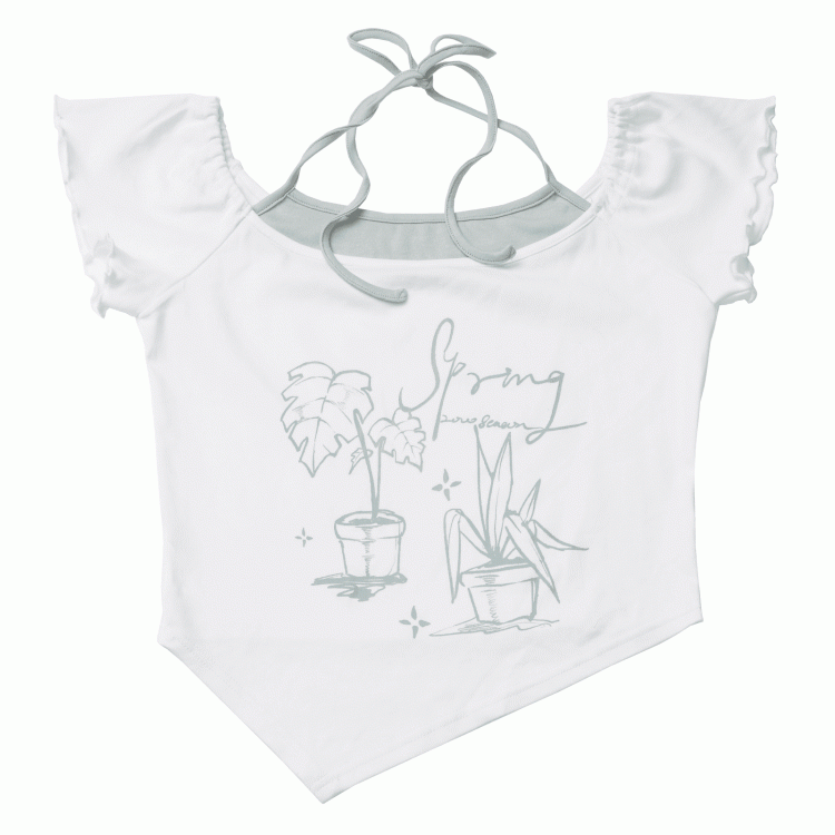 Off-the-shoulder Neckline White Graphic T-shirt Faux Two-pieces