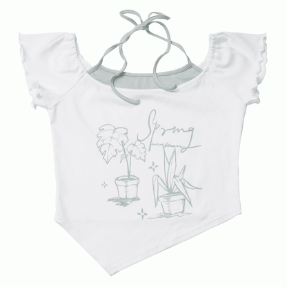 Off-the-shoulder Neckline White Graphic T-shirt Faux Two-pieces