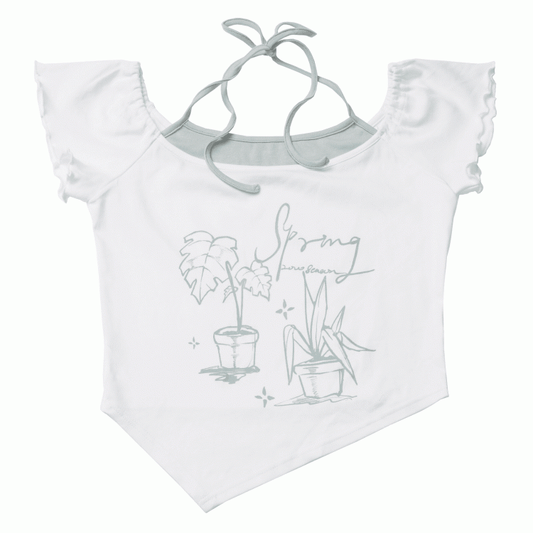 Off-the-shoulder Neckline White Graphic T-shirt Faux Two-pieces