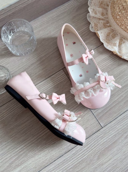 Sakura Pink Flat Lolita Shoes - PU Leather with Ruffled Lace Edging, Bow Embellishments & Functional Heart Snap