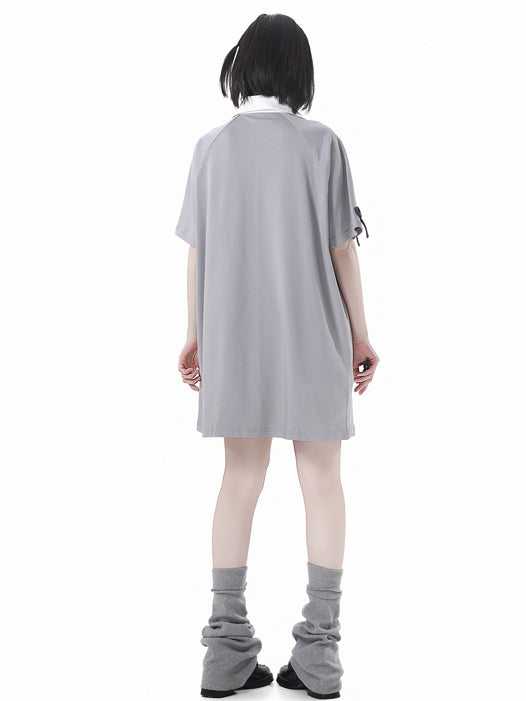 Gray Lace-up Neckline Bunny and Star Applique Loose Dress