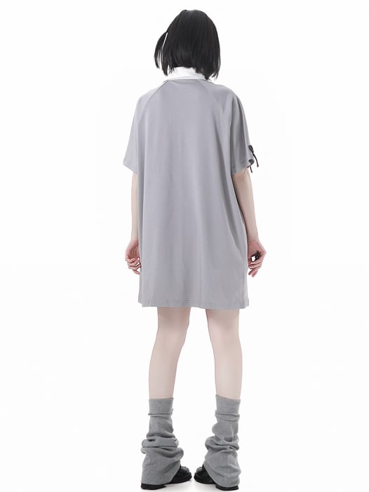 Gray Lace-up Neckline Bunny and Star Applique Loose Dress