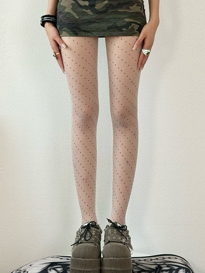 Gray/White/Brown Polka-dot Embroidered Diamond Pattern Tights