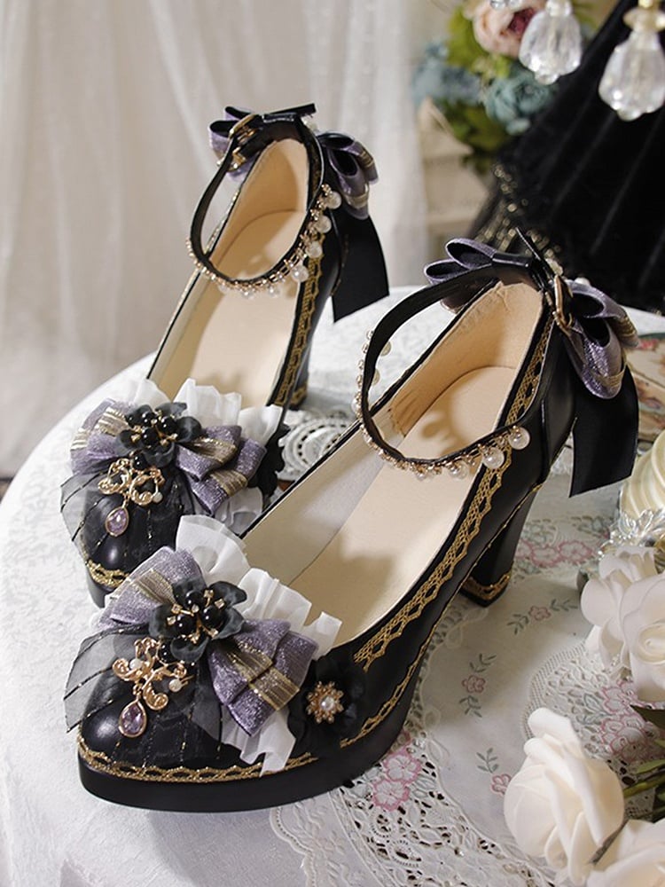 Black & Purple Bowknot and Floral 5.5CM/8CM Lolita Block Heels
