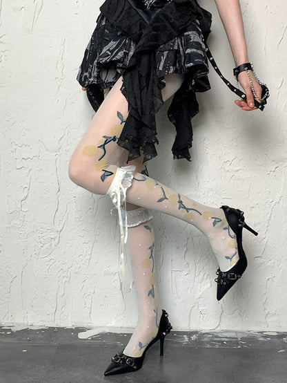 White Y2K Polka-dot Pattern Ruffles Trim Self-tie Strap Under-knee Stockings