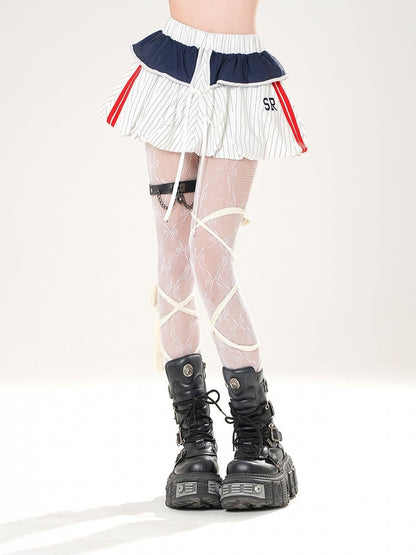 Self-tie Foldover Design White Striped Bubble Skirt