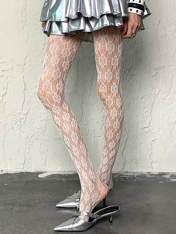 White Y2K Cut-out Design Floral Pattern Tights