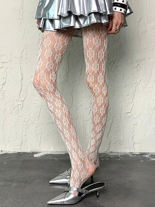 White Y2K Cut-out Design Floral Pattern Tights