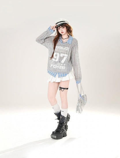 Plaid Hem Gray/White Distressed Holes Coverup Faux Two-pieces