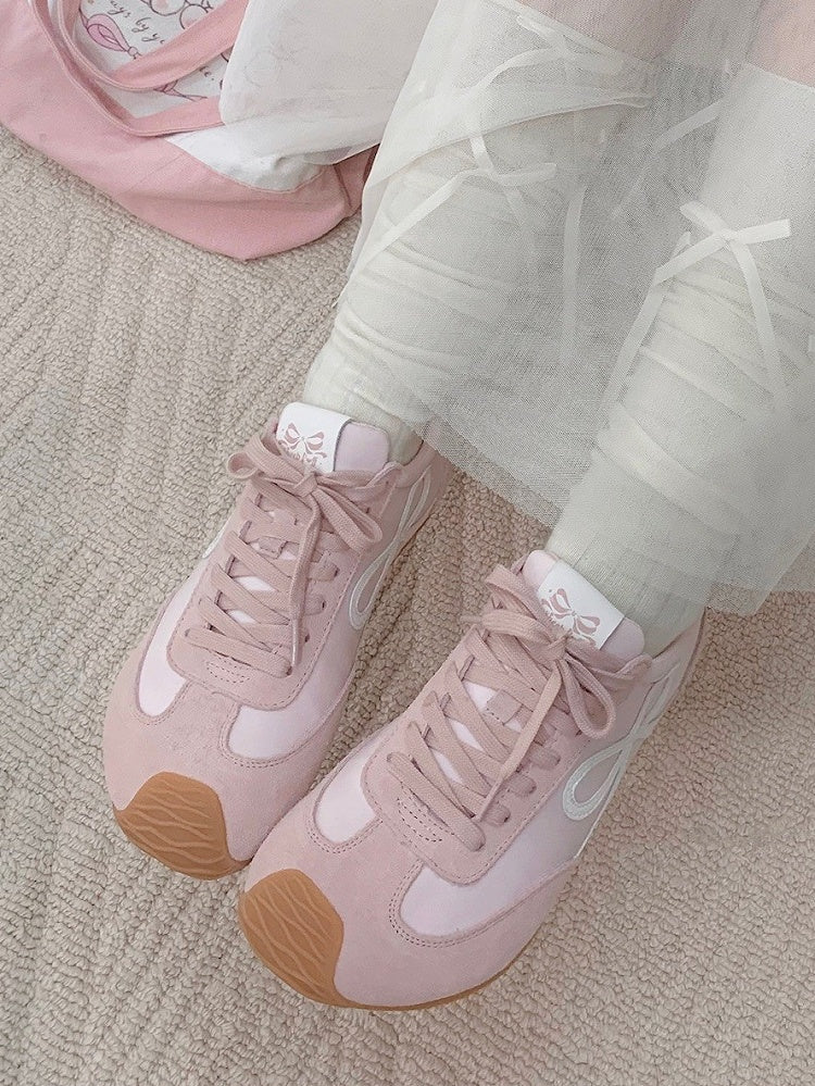 Pink Bowknot Design Front Lace-up Ties Sneakers