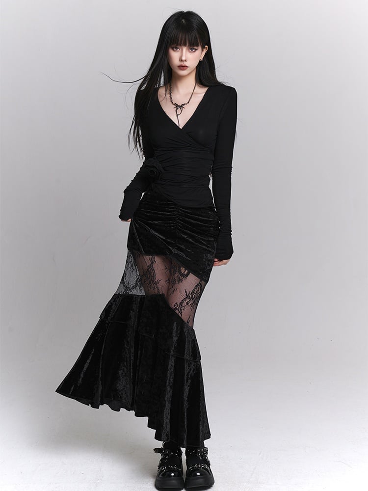 Gothic Black Velvet Contrast Lace Patches Ruched Design Mermaid Skirt