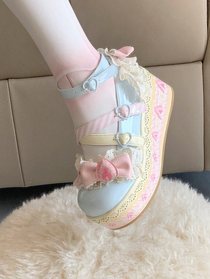 Sea Salt Strawberry Cake Blue Sweet Lolita Bow Accents Platforms Mary Jane Shoes