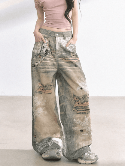 Lace and Distressed Holes Print Blue Faded Wash Distressed Wide-leg Jeans