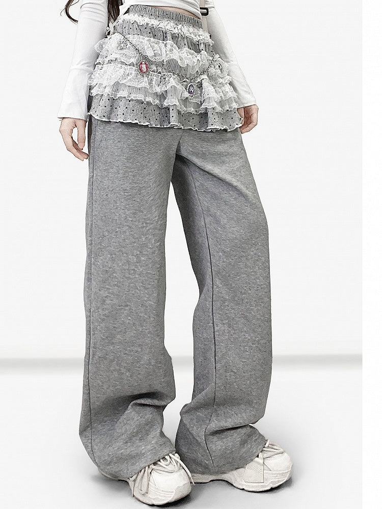 Gray Y2K Bittersweet Wide-leg Cut Pants + Polka-dot Pattern Lace Trim Tiered Skirt