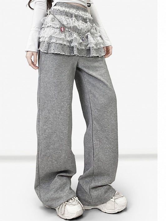 Gray Y2K Bittersweet Wide-leg Cut Pants + Polka-dot Pattern Lace Trim Tiered Skirt