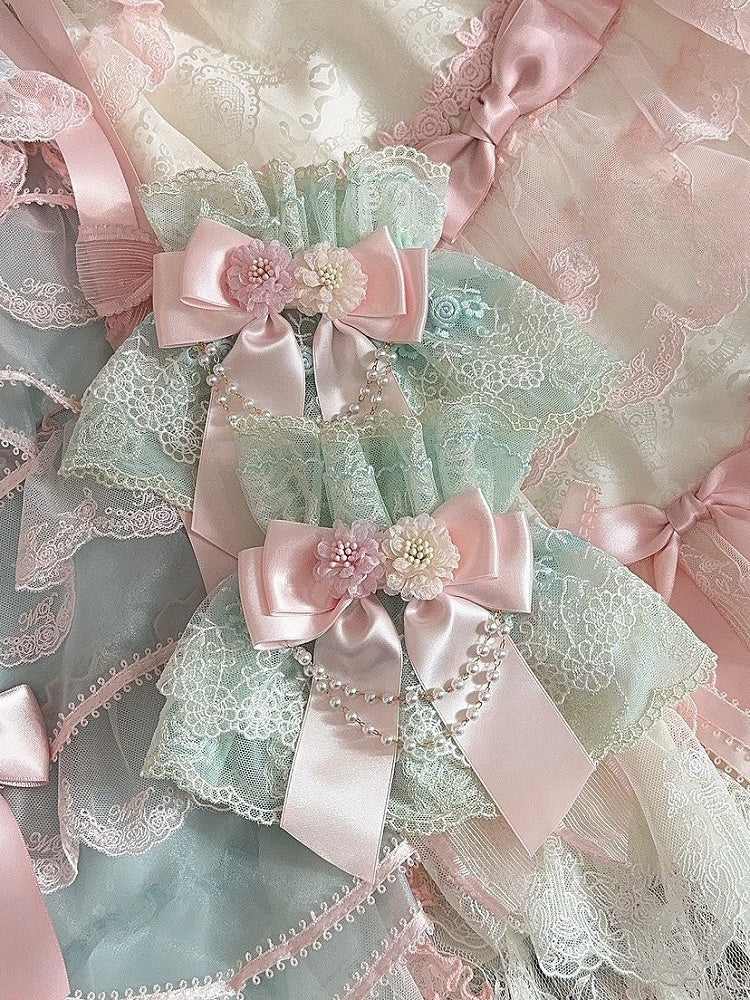 Green&Pink Floral Design Beaded Charm Bowknot Wrist Cuffs