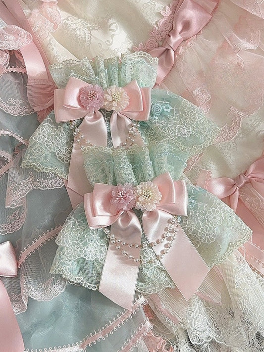 Green&Pink Floral Design Beaded Charm Bowknot Wrist Cuffs