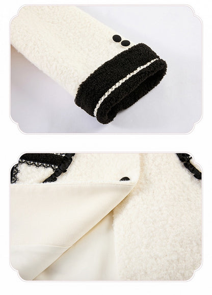 Heart-shaped Pockets White Woolen Coat with Black Embroidery Detail