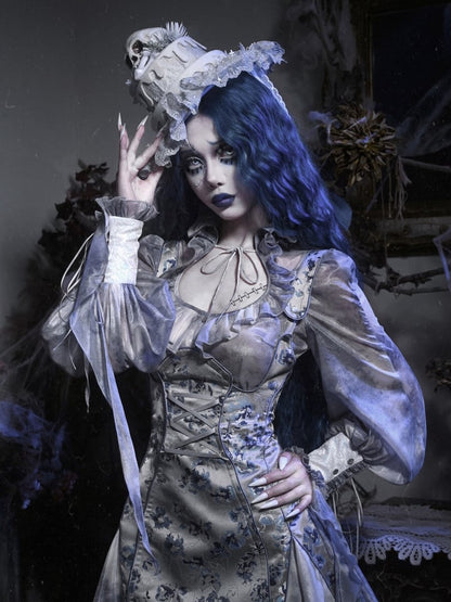 Corpse Bride Ruffle High Neck Dusty Blue Tie Dye Fabric Victorian Goth Long Bishop Sleeves Chiffon Shirt