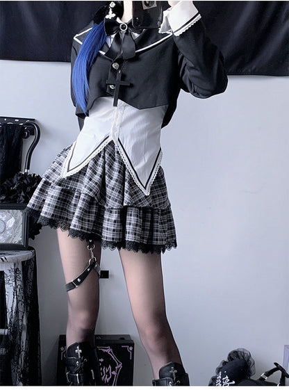 Black&White Gothic Set: White Shirt+Plaid Skirt+Pointed Flat Collar Cropped Blazer+A Bow Tie