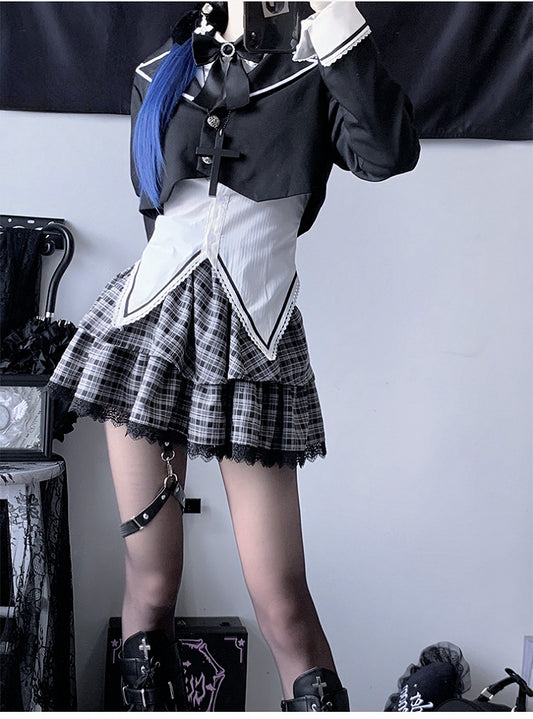 Black&White Gothic Set: White Shirt+Plaid Skirt+Pointed Flat Collar Cropped Blazer+A Bow Tie