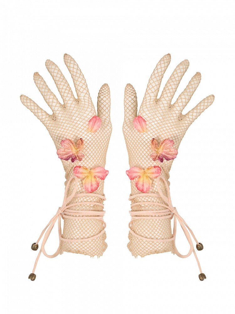 Apricot Floral Fairy Mesh Gloves