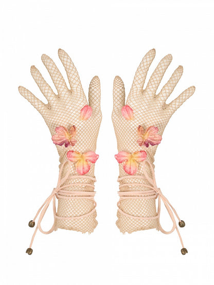 Apricot Floral Fairy Mesh Gloves