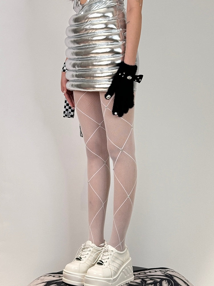 Black/White/Red Rhinestone Decorated Crisscorss Banded Tights