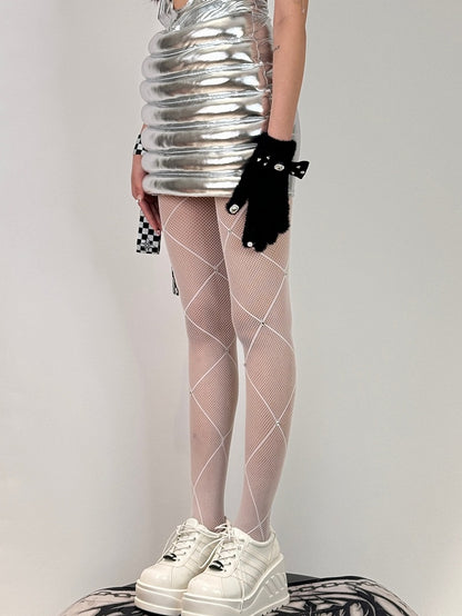 Black/White/Red Rhinestone Decorated Crisscorss Banded Tights