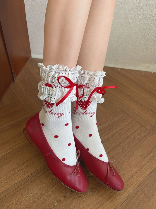 White/Black Sweet Strawberry Bowknot Details Lace Trim Calf Socks