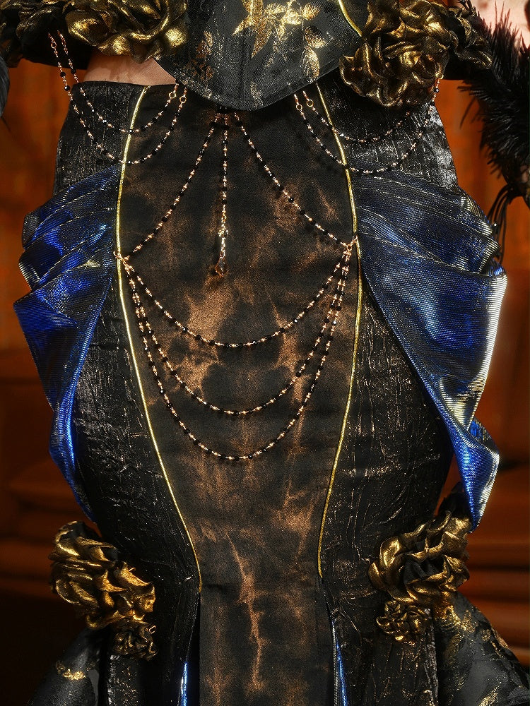 Black and Gold Victorian Goth Mermaid Skirt with Removable Roses Pin and Bead Chain