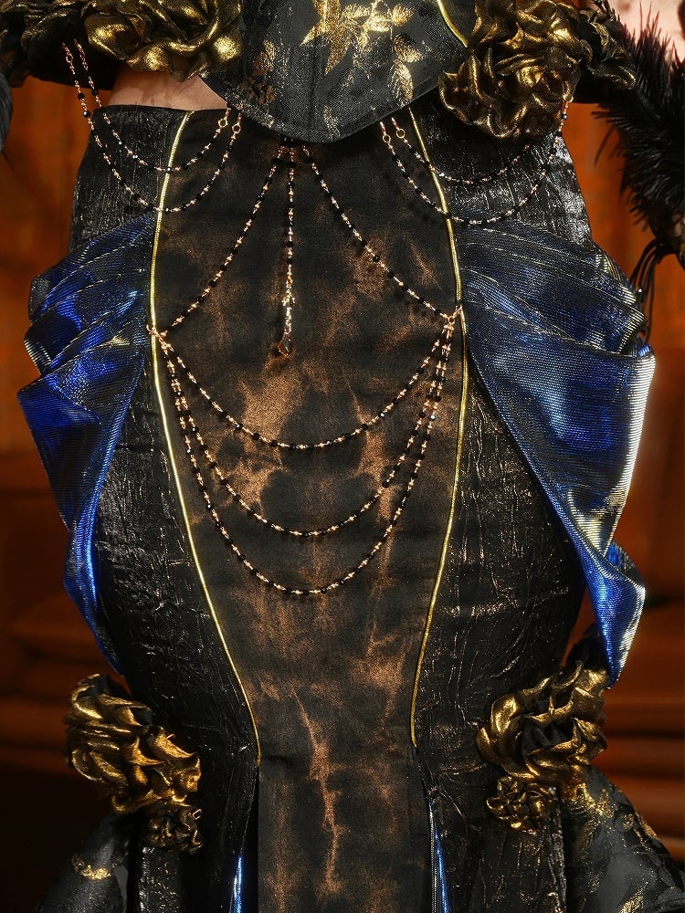 Black and Gold Victorian Goth Mermaid Skirt with Removable Roses Pin and Bead Chain