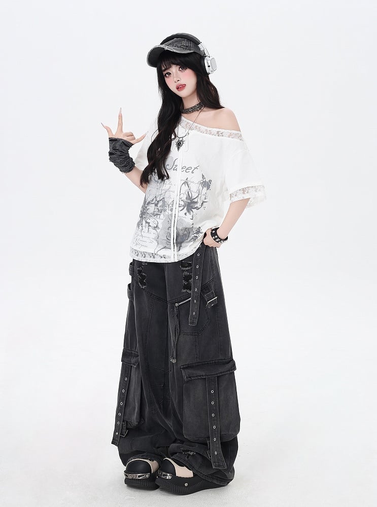 Black Low Rise Distressed Holes Wide-leg Cargo Jeans