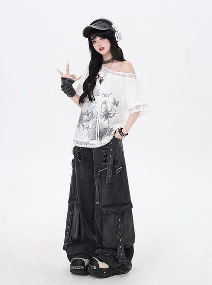 Black Low Rise Distressed Holes Wide-leg Cargo Jeans