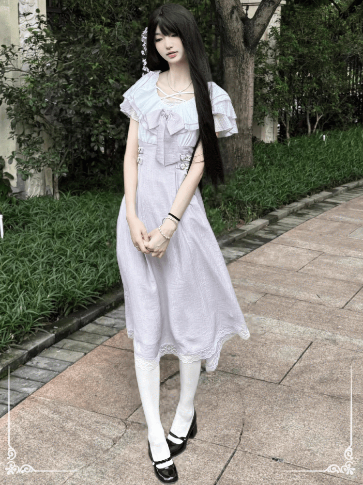 Jirai Kei Lavender Heart Buckles Waist Tiered Flounce Hem Neckline Long Version Dress with Bowtie